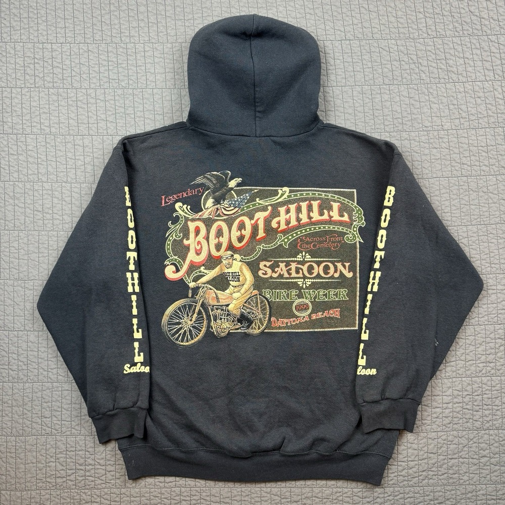 Vtg 90s Boot Hill Saloon‎ Hoodie Men's Large Black Daytona Beach Bike Week Faded